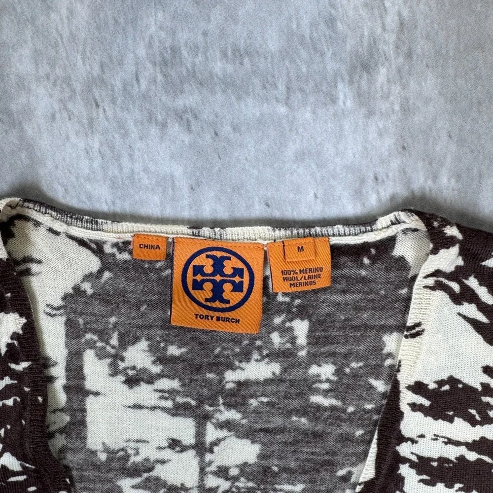 Tory Burch Merino Wool Cardigan‎ Sweater Womens M Abstract Print Button Front